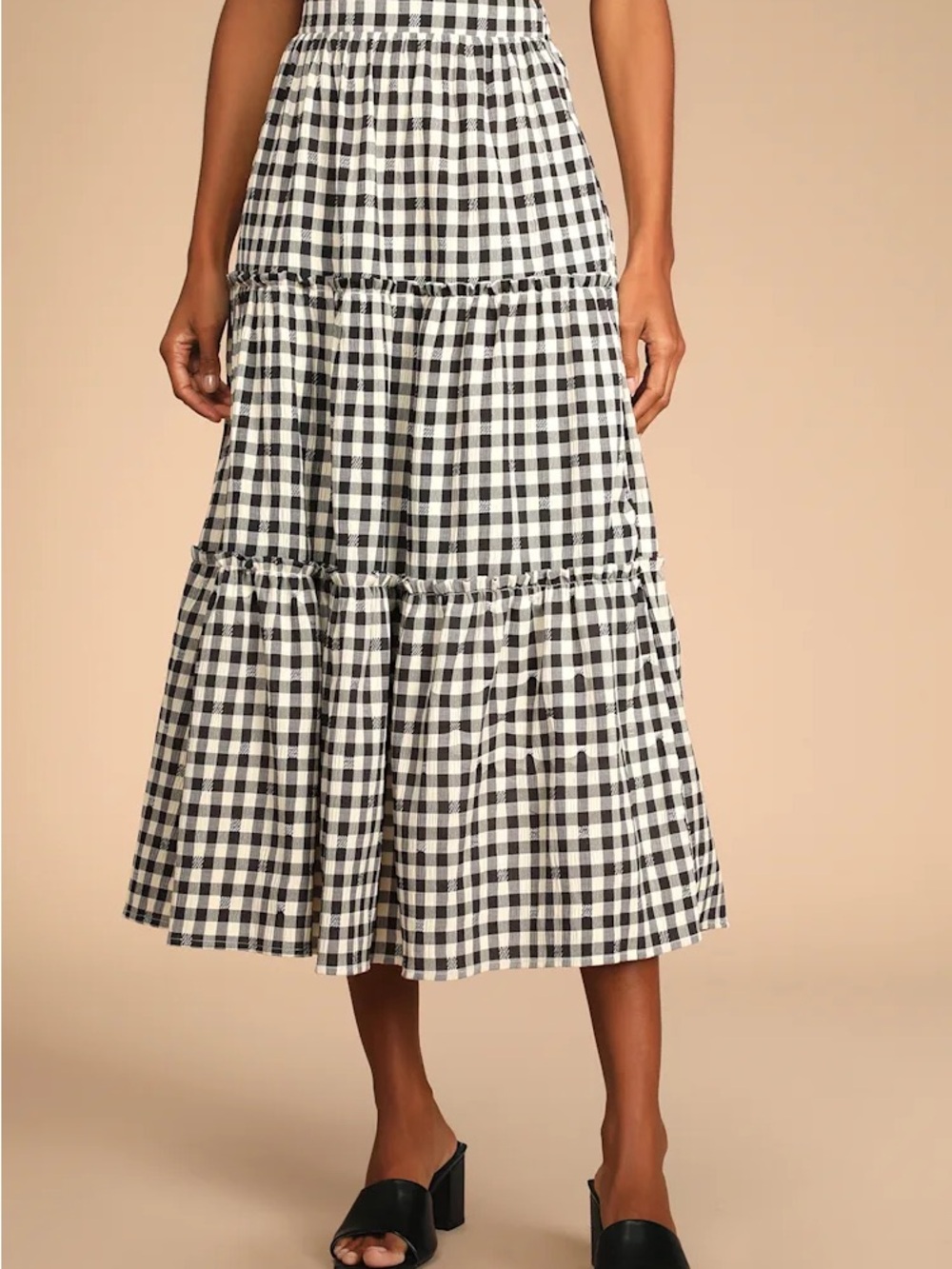 Sweet Together Black and Ivory Gingham Tiered Midi Skirt & Blouse TWO PIECE SET - Picture 5 of 10